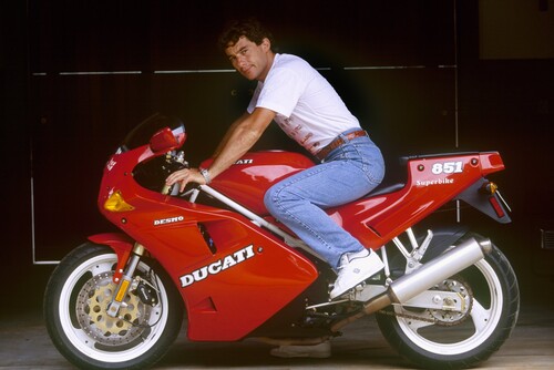 Ayrton Senna on his Ducati 851.