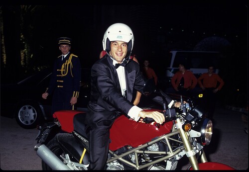 Ayrton Senna on his Ducati Monster 900.